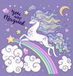 White unicorn with a rainbow mane on a lilac Vector Image