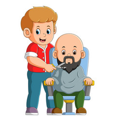 Barber man with mustache is ready to cut little Vector Image