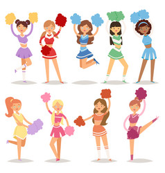 Cheerleader in turquoise uniform with pom poms Vector Image