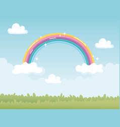 Rainbow with clouds tongue and rain grass Vector Image