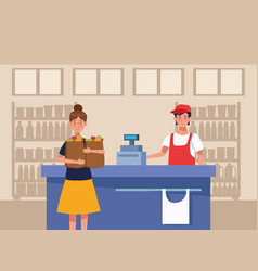 Salesman worker in supermarket scene Royalty Free Vector