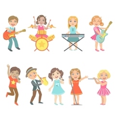 Kid singing and playing music instruments set Vector Image