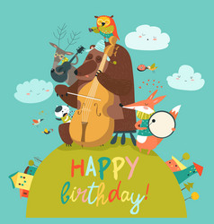 Birthday card with cute animals and kids playing Vector Image