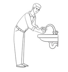 Boy under running water in washstand washes Vector Image