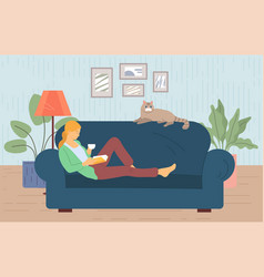 Cartoon little girl reading a book sitting on sofa