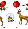 seamless pattern deer and snow globe red cardinal vector image vector image
