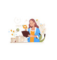 smiling woman shopping online using tablet vector image