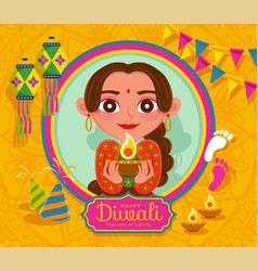 happy diwali woman holding diya vector image