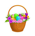 happy easter eggs and flowers in wicker basket vector image vector image