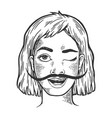 happy woman with long mustache sketch engraving vector image