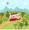 family travelling by bus in countryside fields vector image