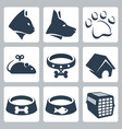 pet icons set cat dog pawprint mouse collar vector image