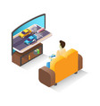 isometric male gamer playing car racing video game vector image