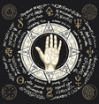 palmistry map on open palm with old magic symbols vector image