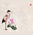 heron and pink lotus flowers on vintage background vector image vector image