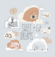 cute cartoon animals sleeping on clouds sweet vector image