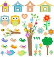 set birds with birdhouses owls trees and flowers vector image