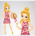blonde girl holds straw hat vector image