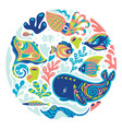 cute underwater animals with folk ornaments vector image