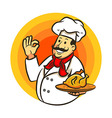 chef cooking fried chicken and delicious sign vector image