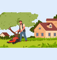 man mowing green grass with push lawn mower vector image