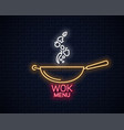 wok neon banner frying pan cooking menu vector image vector image
