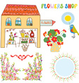 set for flowers shop - vase bunchs frames bows vector image