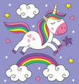 cute little unicorn flies over the rainbow vector image