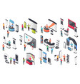 isometric expo display stands people exhibition vector image