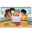 school kids working around a laptop computer vector image