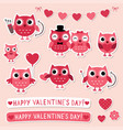 valentine stickers set with pink owls vector image vector image