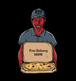 satan holding open cardboard box pizza vector image