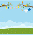 hello spring landscape with welcome flags kid vector image