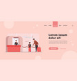 dad and son standing at counter in airport vector image vector image