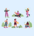people work in garden plant trees and harvest vector image