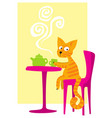 striped red-haired cat is drinking hot tea vector image vector image