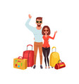 young couple with travel bags waving hands people vector image
