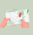 hands hold a paper map tourism and navigation vector image vector image