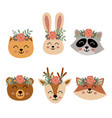 set isolated cute animal faces with flowers vector image vector image