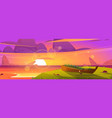 sunset beach and old wooden boat with grass grow vector image vector image