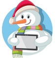 cartoon christmas snowman holding digital tablet vector image vector image