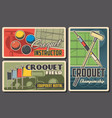 croquet sport retro posters mallet peg and balls vector image vector image