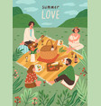 group cute happy friends having lunch meals vector image