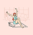 smiling woman relax at home with book and drink vector image vector image