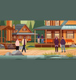 people resting near lake wooden holiday house vector image vector image