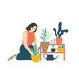 funny happy girl taking care houseplants vector image
