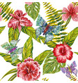 hand drawn tropical leaves flowers and butterfly vector image