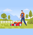 flat lawn mower service worker character in garden vector image