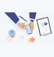 table top view employee workspace cartoon man vector image vector image