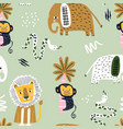 seamless childish jungle pattern with lion snake vector image